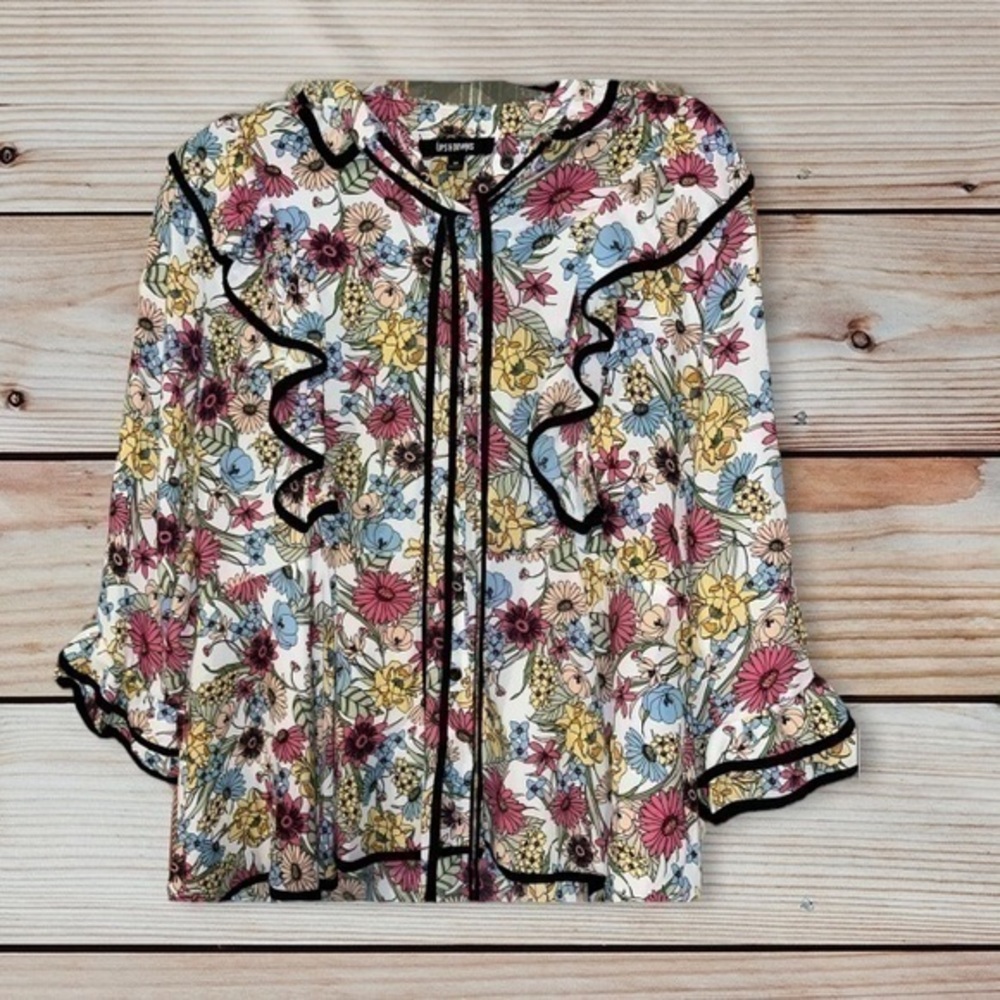 Ups&Downs-Unique Button Down Floral Ruffle 3/4 Sleeves Top Blouse Size Medium